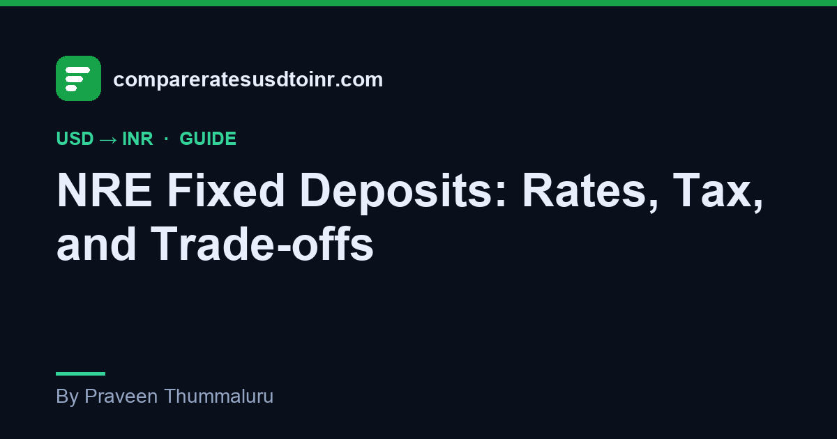 A compareratesusdtoinr.com guide card comparing NRE fixed deposit headline interest rates against the currency risk that eats into a dollar-based return