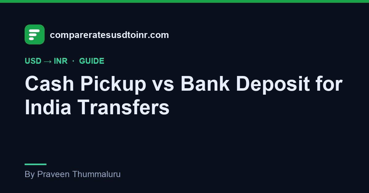 A compareratesusdtoinr.com guide card comparing four India delivery methods — bank deposit, UPI, cash pickup, and wallet — on speed, cost, and convenience