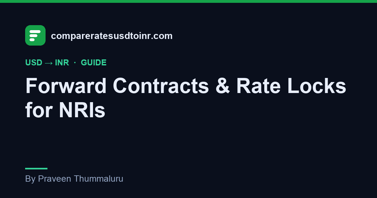 A compareratesusdtoinr.com guide card showing a timeline where a USD to INR rate is locked today and settled months later, illustrating forward contracts and rate locks for NRIs
