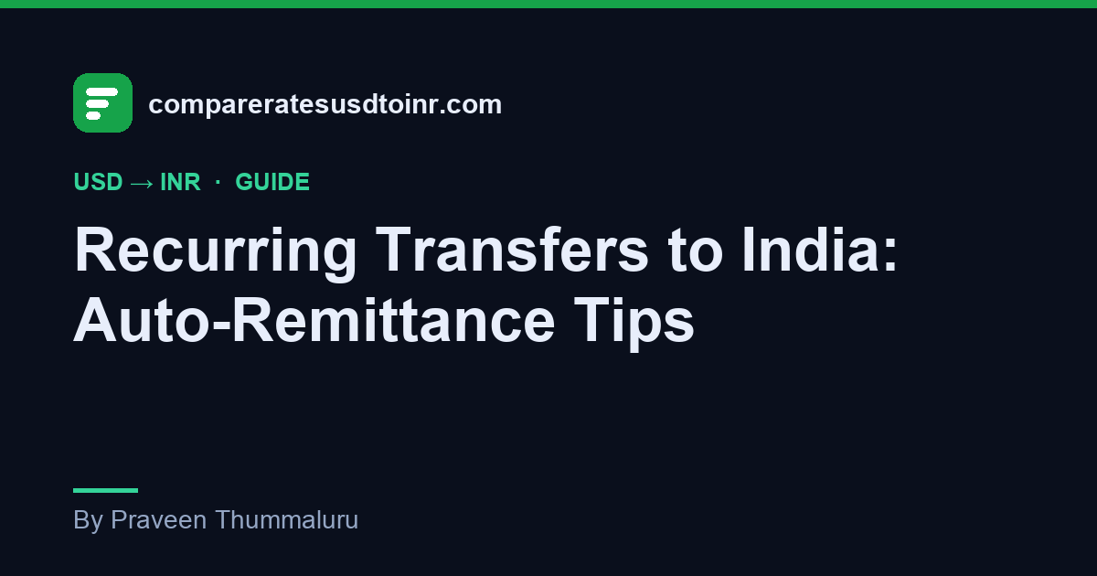 A compareratesusdtoinr.com guide card showing a monthly calendar with a recurring USD-to-INR transfer scheduled, alongside a rate-check reminder icon