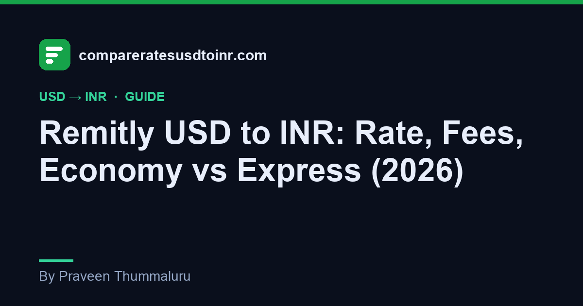 A compareratesusdtoinr.com guide card on Remitly's USD to INR rate, Economy vs Express options, and delivery speed to India