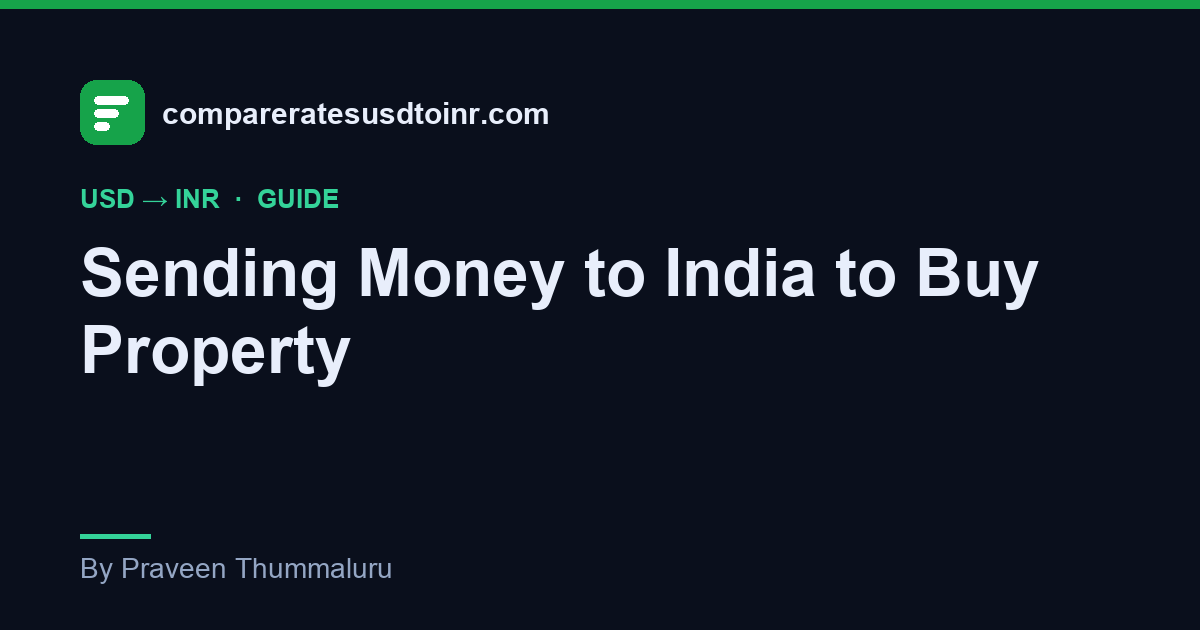 A compareratesusdtoinr.com guide card explaining how NRIs send money to India to buy property, showing account choice, rate risk, and resale repatriation steps